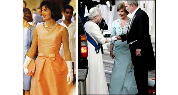 Jacqueline Kennedy & Laura Bush in refined and elegantly colored dresses